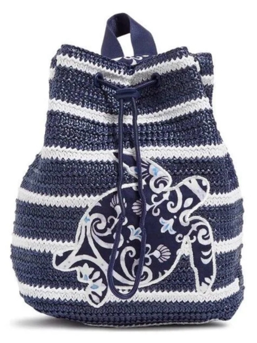 Vera Bradley Navy & White Striped Crochet Backpack with Turtle Appliqué